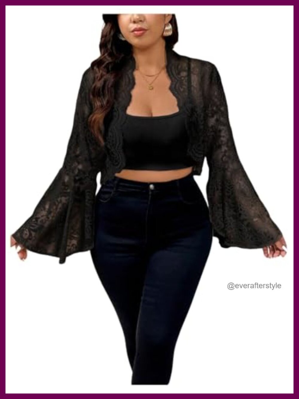 Plus Size Lace Cropped Jacket Bell Sleeve Sheer Mesh Cover Up